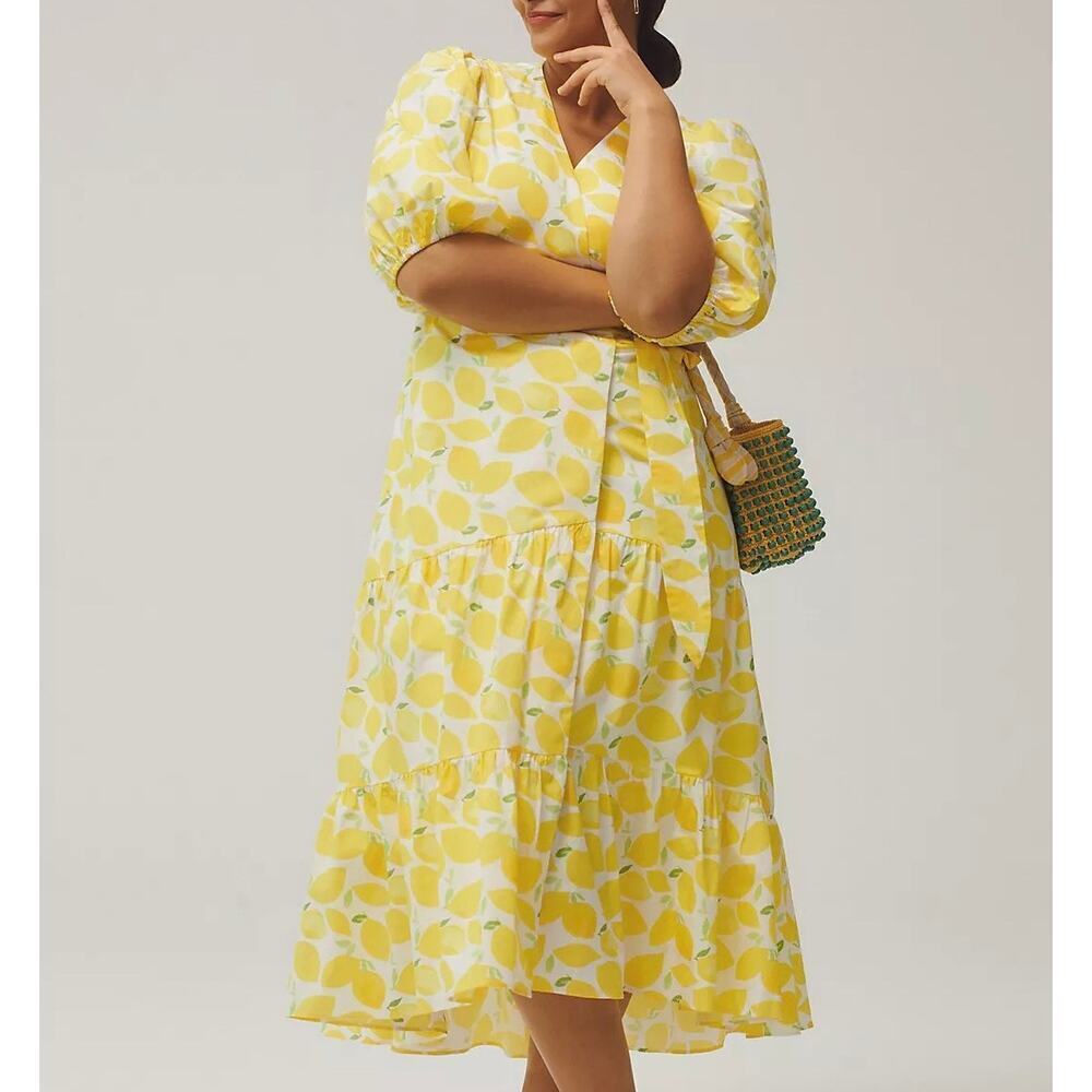 Anthropologie Hutch Tiered Wrap Midi Dress Lemon Yellow Size Medium - Picture 1 of 13